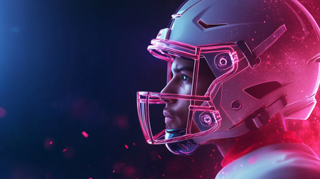 Close-up profile of a football player wearing a futuristic-looking helmetの素材