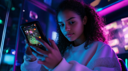 A young woman in a white sweater looks intently at her phone in a dimly lit room with neon lightsの素材
