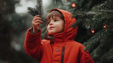 A young boy wearing a red jacket touches a pine branch while standing next to a decorated Christmas treeの素材