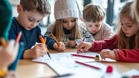 Four children are drawing with colored pencils at a tableの素材