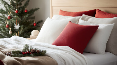 A cozy bed with white pillows and a red throw pillow, decorated with a small Christmas treeの素材