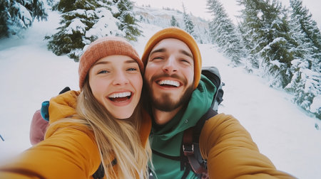 A happy couple takes a selfie in the snow during a winter hikeの素材