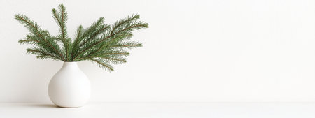 A sprig of evergreen sits in a white vase against a white wallの素材