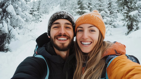 A happy couple smiles for a selfie in a snowy forest on a winter dayの素材
