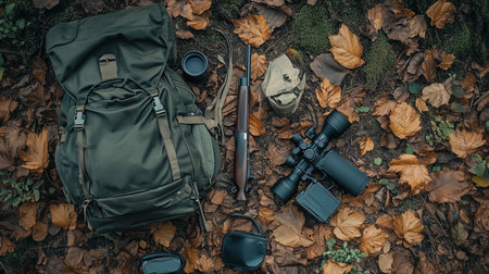 Hiking gear, rifle, and binoculars displayed on a forest floor covered in autumn leaves during a midday outingの素材