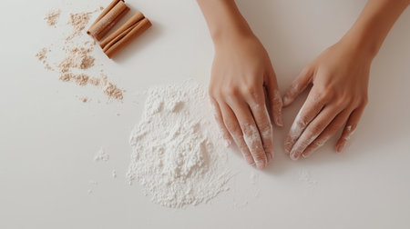 A person kneads dough on a white surface, surrounded by flour and cinnamon sticksの素材