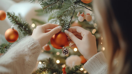 A person carefully hangs a shiny orange ornament on a Christmas treeの素材