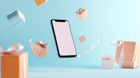 Pastel-colored presents and ribbons swirl around a smartphone with a blank screenの素材