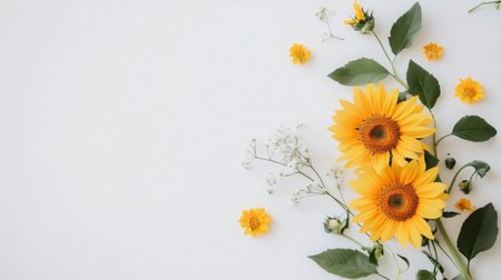 Two vibrant sunflowers and delicate babys breath flowers are artfully arranged on a clean white surfaceの素材