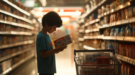 A child, seemingly around seven or eight years old, stands in a supermarket aisleの素材