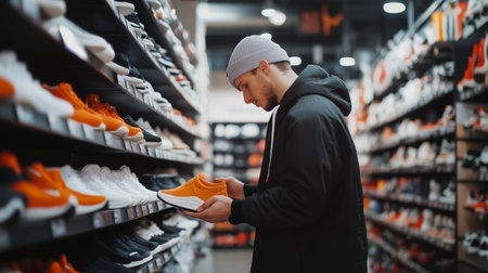 A man in a gray beanie and dark hoodie shops for shoesの素材
