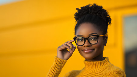 Young woman wearing glasses smiles confidently against a vibrant yellow background in an urban settingの素材