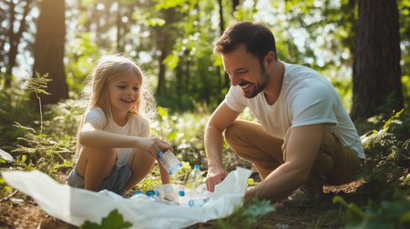 Father and daughter clean up plastic waste in a forest while enjoying a sunny dayの素材