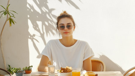Young woman enjoying breakfast outdoors in a sunny cafe with plants around herの素材