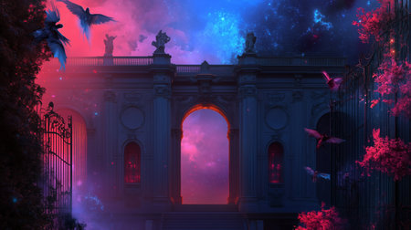 Mysterious archway surrounded by vibrant colors and ethereal birds at twilightの素材