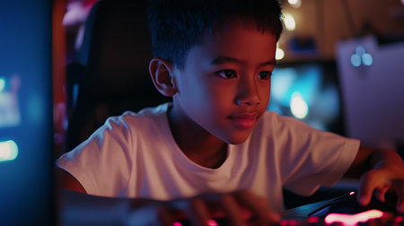 A young boy sits in front of a computer screen, concentrating on his task as he navigates the keyboard with his handsの素材