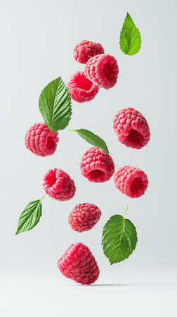 Fresh raspberries and green leaves floating against a plain background create a vibrant, natural display in studio lightingの素材