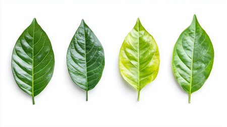 Varied green leaves showcasing different shades and textures arranged on a light backgroundの素材
