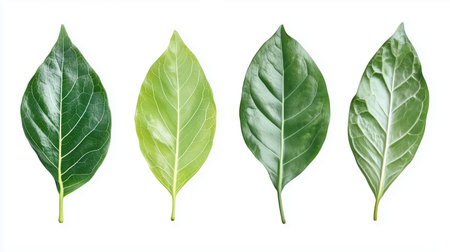 Various types of green leaves displayed side by side showcasing different shades and textures in natural lightingの素材