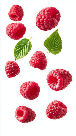 Fresh raspberries with vibrant green leaves showcasing healthy ingredients for culinary usesの素材
