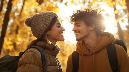Couple enjoys a joyful moment in a golden autumn forest during sunsetの素材