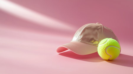 Bright yellow tennis ball and beige cap on a pink surface with soft lighting in an indoor settingの素材