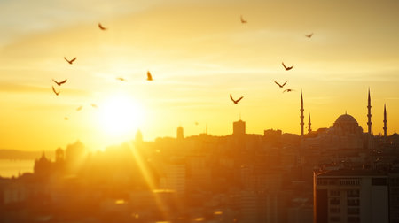 Majestic sunset over Istanbul with birds flying and silhouettes of historic buildingsの素材