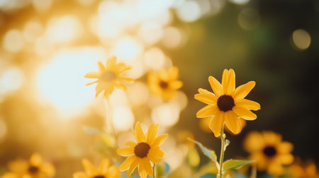 Beautiful yellow sunflowers blooming during golden hour in a peaceful garden settingの素材
