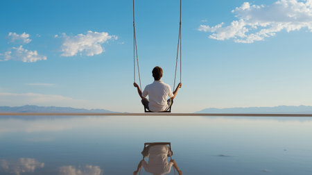 Sitting on a swing above a serene lake reflecting the sky at sunset in an expansive natural landscapeの素材