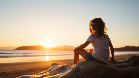 Child enjoys sunset view on a beach while seated on a log in warm evening lightの素材