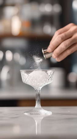 Hand pouring sugar into a crystal glass in a modern bar setting while preparing a cocktailの素材