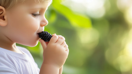 Child enjoying a blackberry outdoors in a sunny garden filled with greenery and natural lightの素材