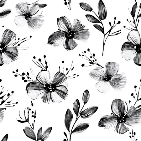 Black and white floral pattern showcasing detailed hand-drawn flowers and leaves on a light backgroundの素材