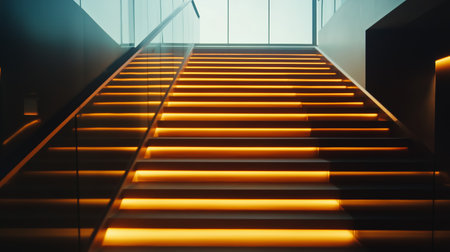 Modern staircase with illuminated steps in a sleek architectural space during the dayの素材