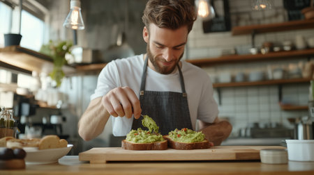 Chef prepares delicious avocado toast in a modern kitchen with natural light and fresh ingredientsの素材