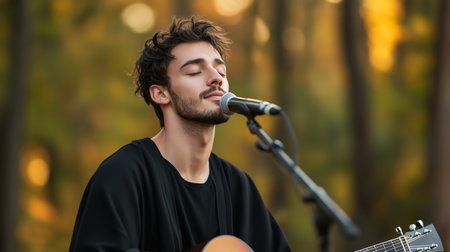 Musician performs heartfelt acoustic set in serene forest during golden hourの素材