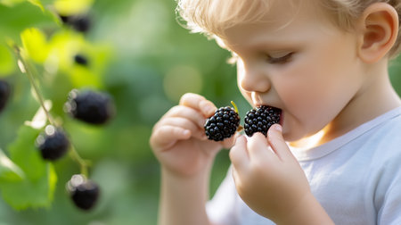 Child enjoys fresh blackberries while picking them from a bush in a garden during sunny daytimeの素材