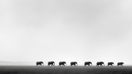 Herd of elephants walking along a vast plain under an overcast sky at duskの素材