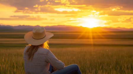 Woman enjoys sunset view over vast landscape while sitting in tall grass during peaceful evening golden hourの素材