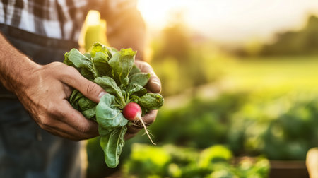 Farmer harvesting fresh vegetables under the warm sunlight in a lush garden during late afternoonの素材