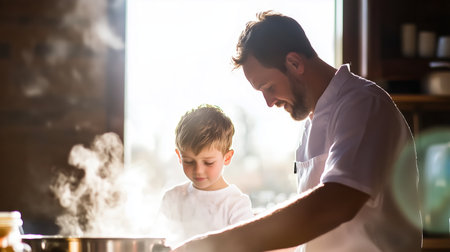 Joyful cooking moment between a father and son in a bright kitchen with steam rising from a potの素材