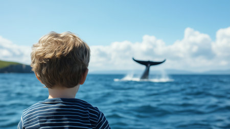 Child watches a whale breach the water during a sunny day on the coastの素材