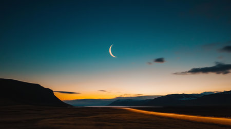 Sky transitions from twilight to night revealing a crescent moon over a serene landscape at duskの素材