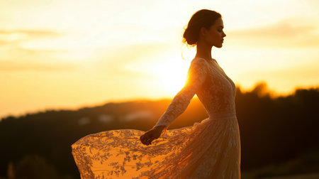 Beautiful woman in lace dress enjoying sunset at scenic outdoor locationの素材