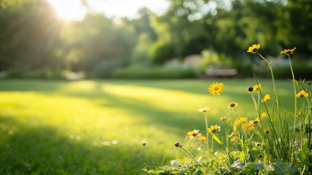 Sunlight filters through trees over a vibrant garden filled with blooming yellow flowers in a peaceful park settingの素材