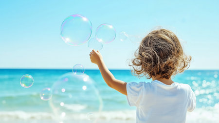Child plays with bubbles on the beach while enjoying a sunny day by the ocean wavesの素材