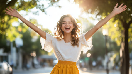 Joyful young woman celebrates life outdoors under the warm sunlight during a beautiful afternoon in a vibrant urban settingの素材