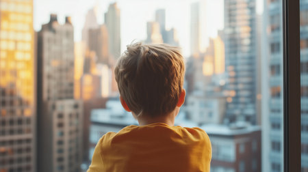 Child gazes at city skyline during sunset while sitting by a window in an urban apartmentの素材