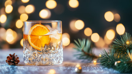 Festive holiday drink with orange slice surrounded by glowing lights and greenery for a cozy winter atmosphereの素材