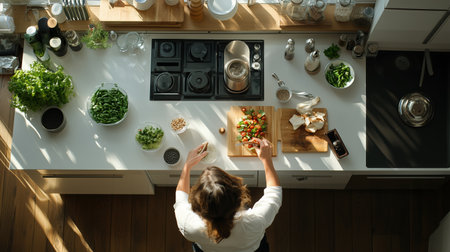 Cooking fresh vegetables in a modern kitchen with natural light during daytimeの素材